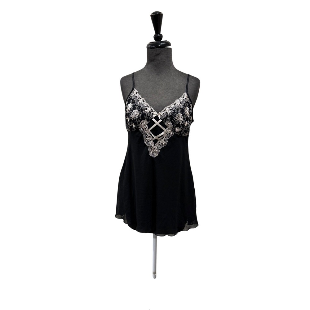 Linea Donatella‎ Womens Black Lace Embroidered Chemise Nightgown BCP180 Small